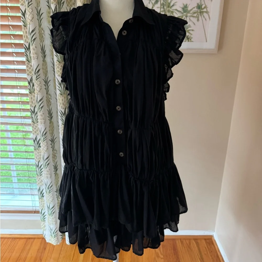 Anthropologie Sleeveless Ruffle Mini Shirt Dress Black Button Cotton Collar NWOT - Picture 6 of 13